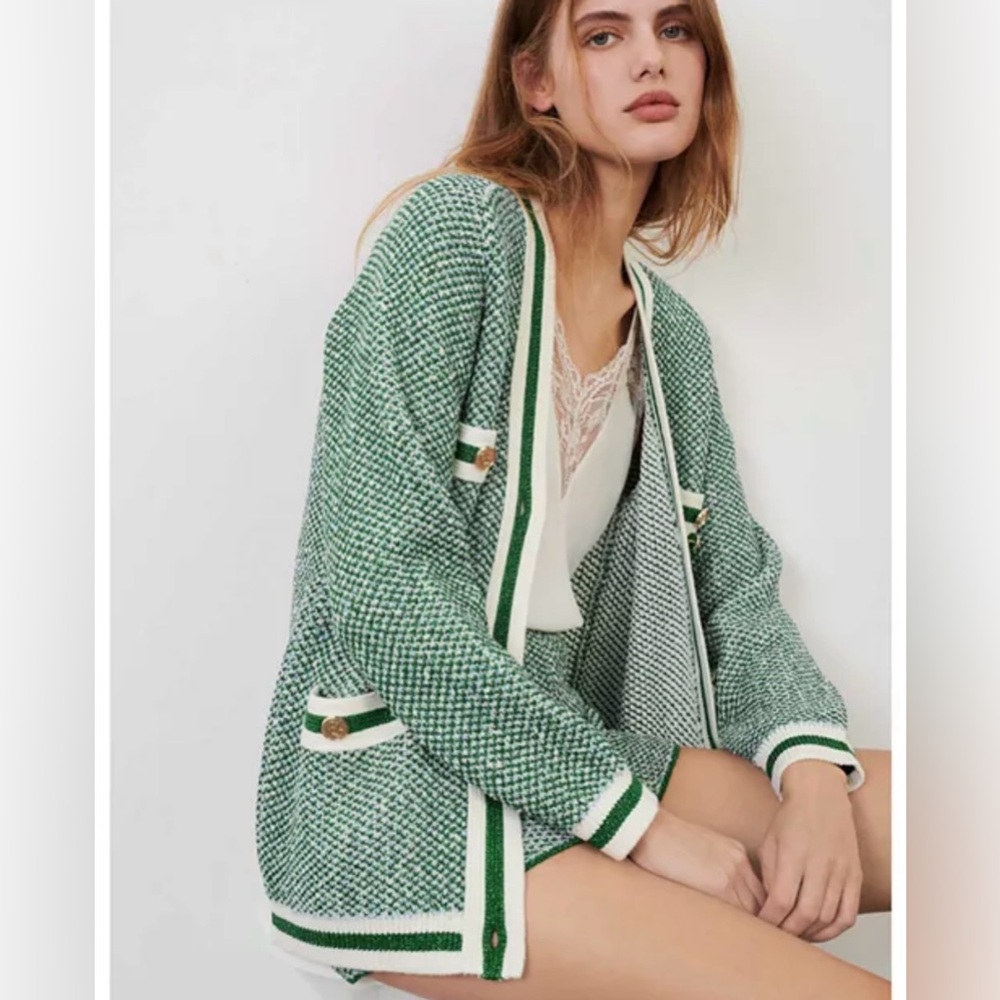 Maje Maitresse Metallic Green Threaded Cardigan with Gold Accents - Picture 2 of 10